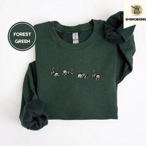 Forest Green Five Posing Skeleton Cats Embroidered Sweatshirt