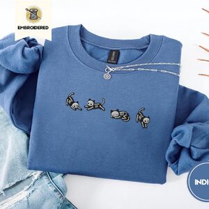 Indigo Blue Five Posing Skeleton Cats Embroidered Sweatshirt
