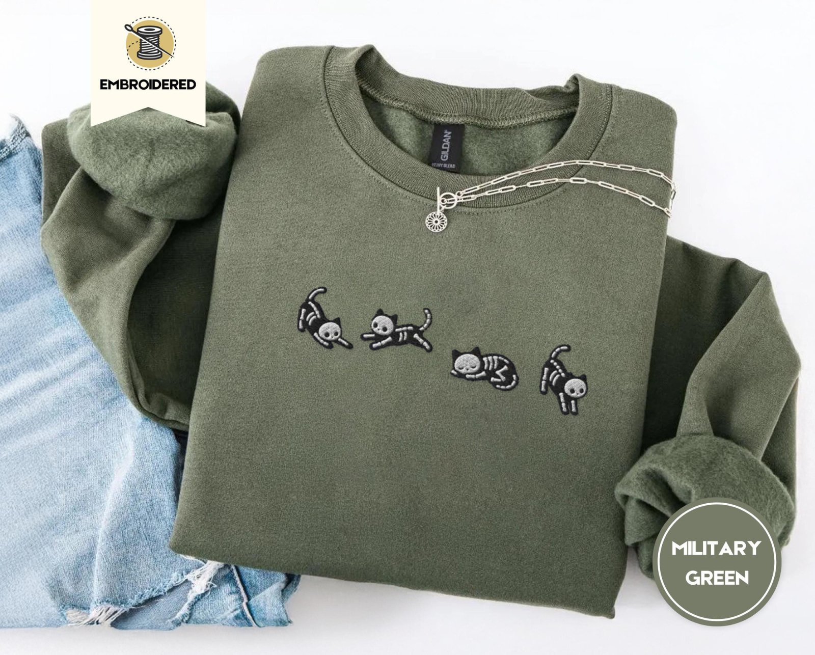 Military Green Five Posing Skeleton Cats Embroidered Sweatshirt