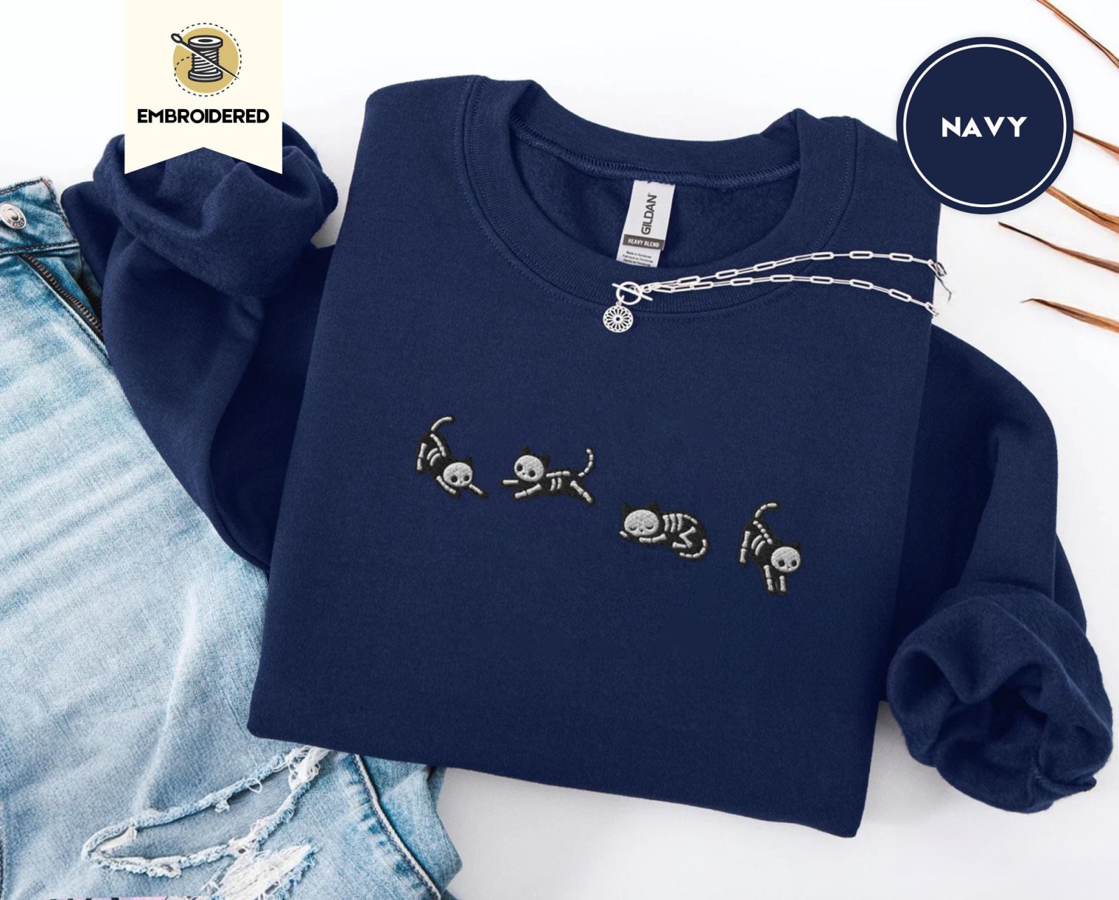 Navy Five Posing Skeleton Cats Embroidered Sweatshirt