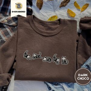 Dark Chocolate Five Skeleton Cat Poses Embroidered Sweatshirt