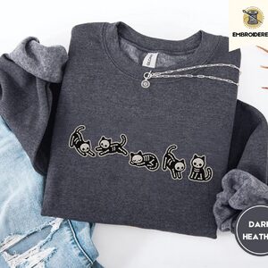 Dark Heather Five Skeleton Cat Poses Embroidered Sweatshirt