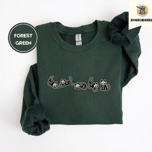 Forest Green Five Skeleton Cat Poses Embroidered Sweatshirt