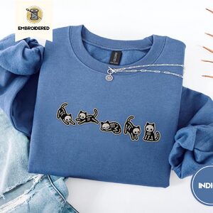Indigo Blue Five Skeleton Cat Poses Embroidered Sweatshirt