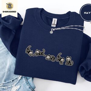 Navy Five Skeleton Cat Poses Embroidered Sweatshirt