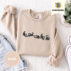 Sand Five Skeleton Cat Poses Embroidered Sweatshirt