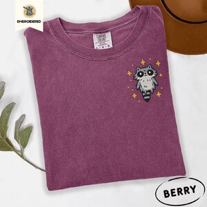 Berry Floating Space Raccoon Embroidered T-Shirt
