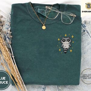 Blue Spruce Floating Space Raccoon Embroidered T-Shirt
