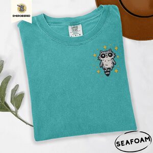 Seafoam Floating Space Raccoon Embroidered T-Shirt