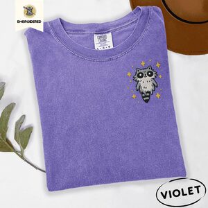 Violet Floating Space Raccoon Embroidered T-Shirt