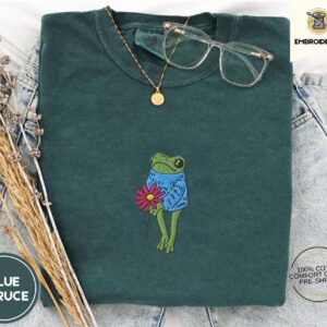 Blue Spruce Flower Frog Embroidered T-Shirt