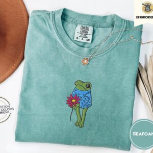 Seafoam Flower Frog Embroidered T-Shirt