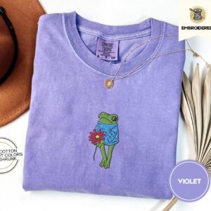 Violet Flower Frog Embroidered T-Shirt