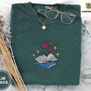 Blue Spruce Flowers and Open Book Embroidered T-Shirt