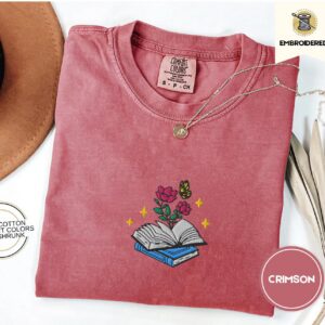 Crimson Flowers and Open Book Embroidered T-Shirt