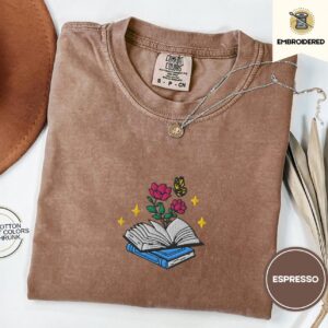 Espresso Flowers and Open Book Embroidered T-Shirt