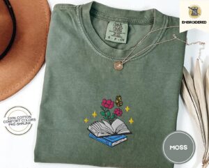 Moss Flowers and Open Book Embroidered T-Shirt