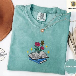 Seafoam Flowers and Open Book Embroidered T-Shirt