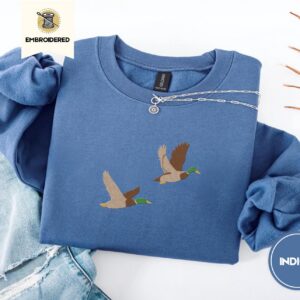 Indigo Blue Flying Mallard Ducks Embroidered Sweatshirt