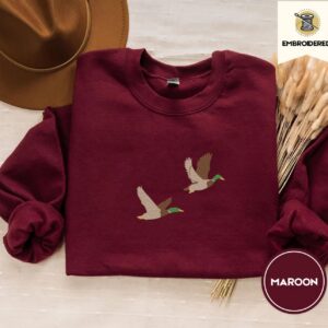 Maroon Flying Mallard Ducks Embroidered Sweatshirt