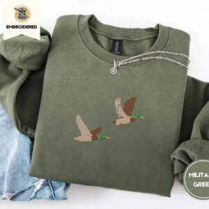 Military Green Flying Mallard Ducks Embroidered Sweatshirt