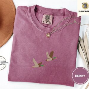 Berry Flying Mallard Ducks Embroidered T-Shirt