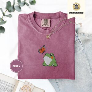 Berry Frog and Butterfly Embroidered T-Shirt