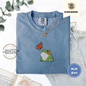 Blue Jean Frog and Butterfly Embroidered T-Shirt