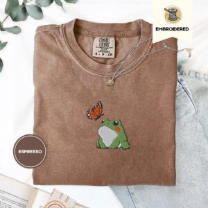 Espresso Frog and Butterfly Embroidered T-Shirt