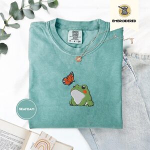 Seafoam Frog and Butterfly Embroidered T-Shirt