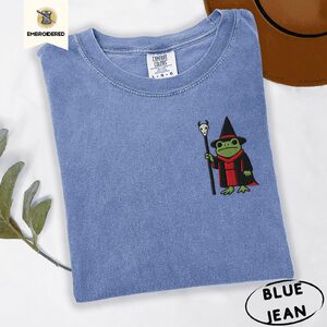 Blue Jean Frog and Skull Staff Embroidered T-Shirt