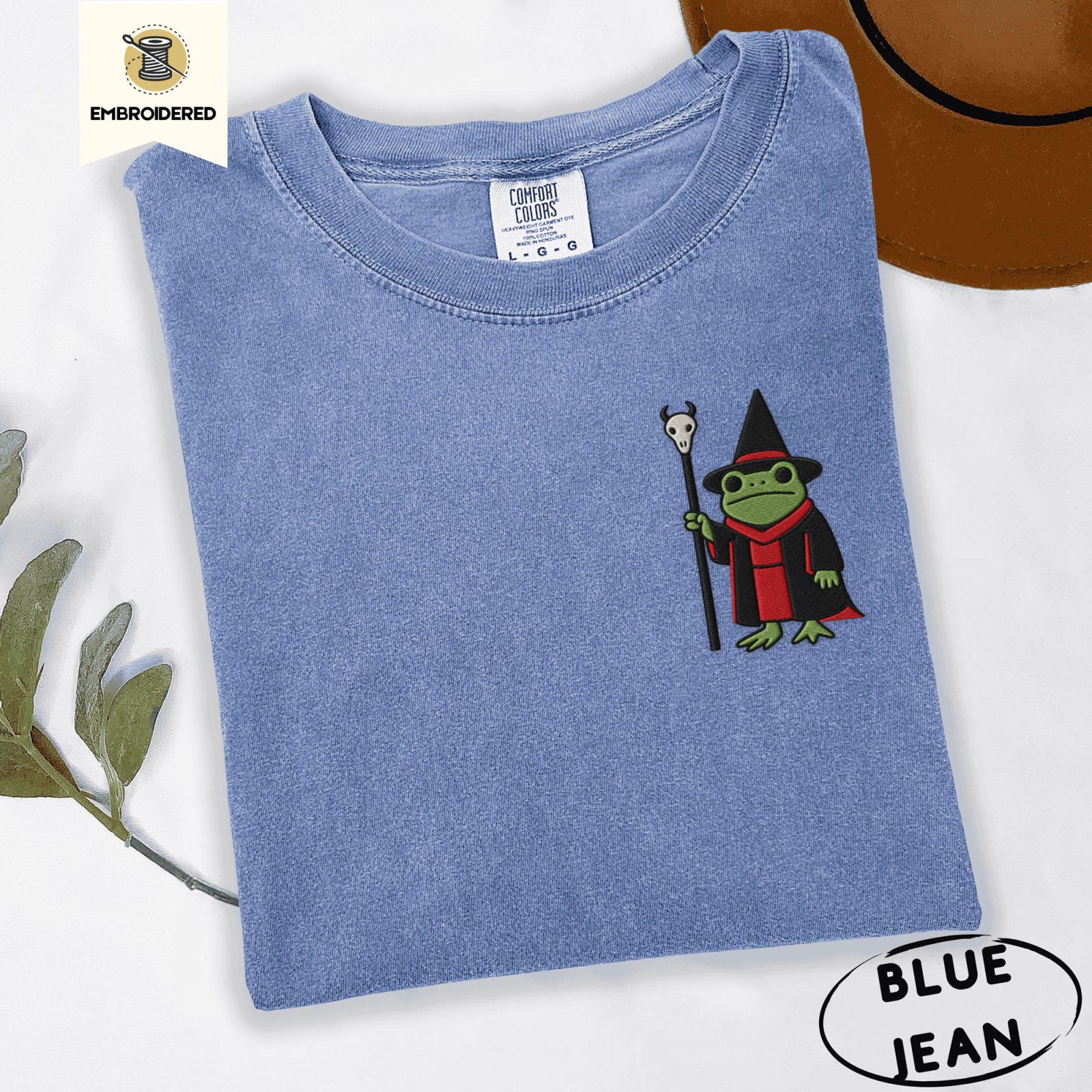 Blue Jean Frog and Skull Staff Embroidered T-Shirt