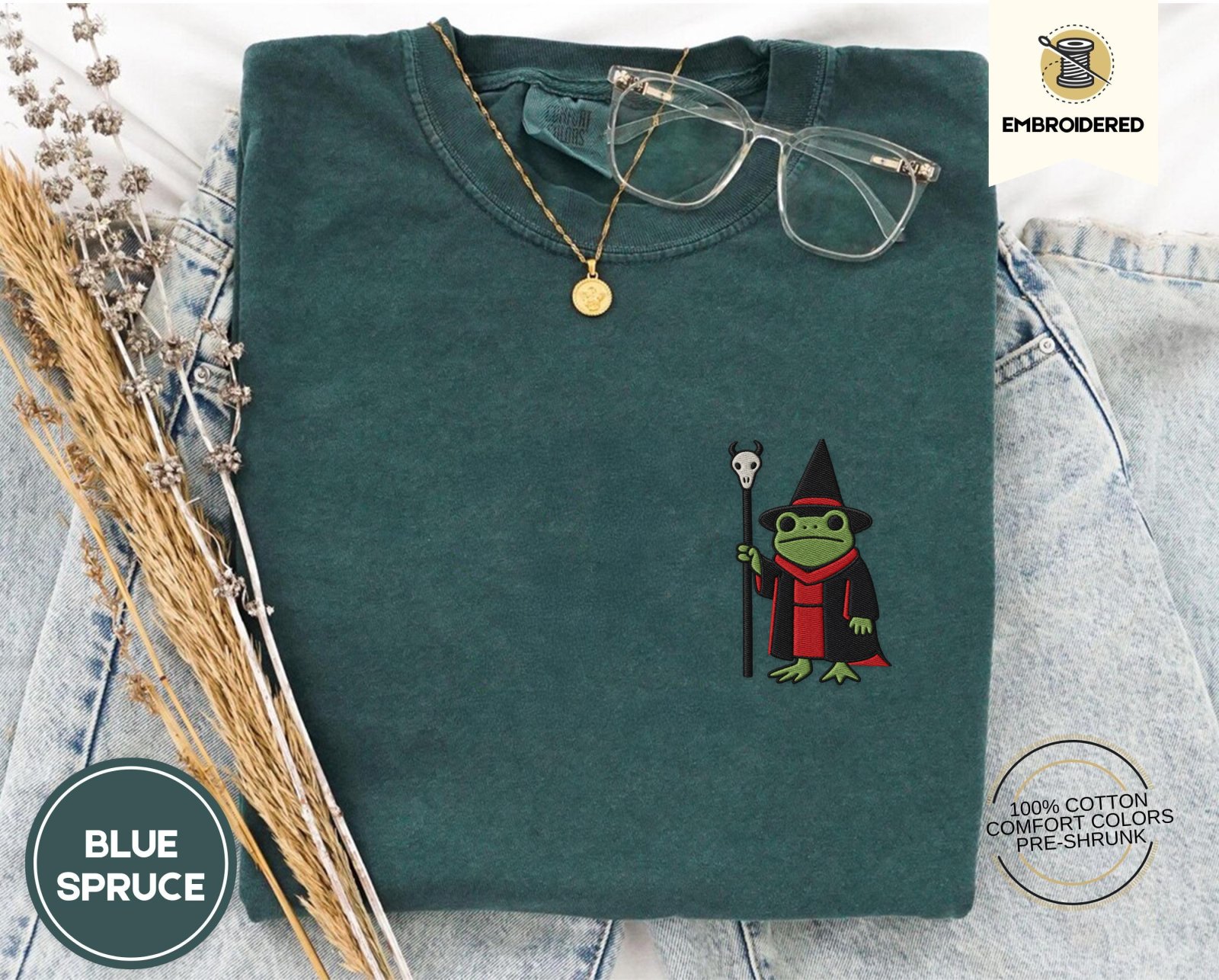 Blue Spruce Frog and Skull Staff Embroidered T-Shirt