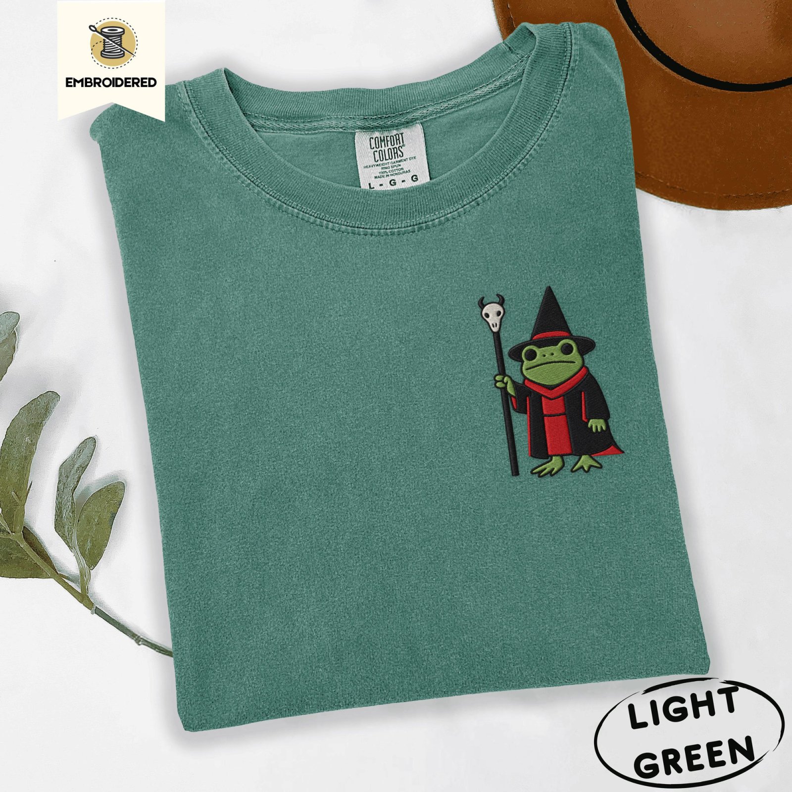 Light Green Frog and Skull Staff Embroidered T-Shirt