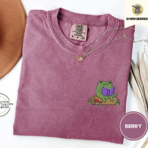 Berry Frog Reading On A Log Embroidered T-Shirt