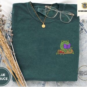 Blue Spruce Frog Reading On A Log Embroidered T-Shirt
