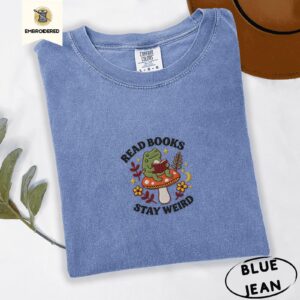 Blue Jean Frog Reading on Mushroom Embroidered T-Shirt