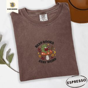 Espresso Frog Reading on Mushroom Embroidered T-Shirt
