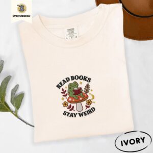 Ivory Frog Reading on Mushroom Embroidered T-Shirt