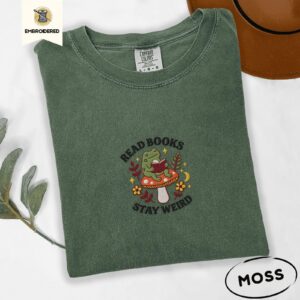 Moss Frog Reading on Mushroom Embroidered T-Shirt