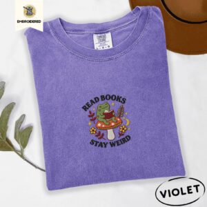 Violet Frog Reading on Mushroom Embroidered T-Shirt