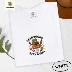 White Frog Reading on Mushroom Embroidered T-Shirt