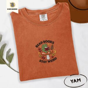 Yam Frog Reading on Mushroom Embroidered T-Shirt