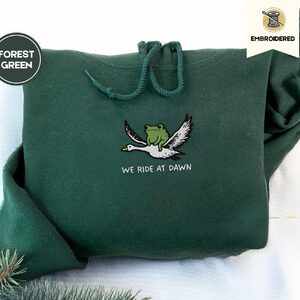 Forest Green Frog Riding Goose Embroidered Hoodie