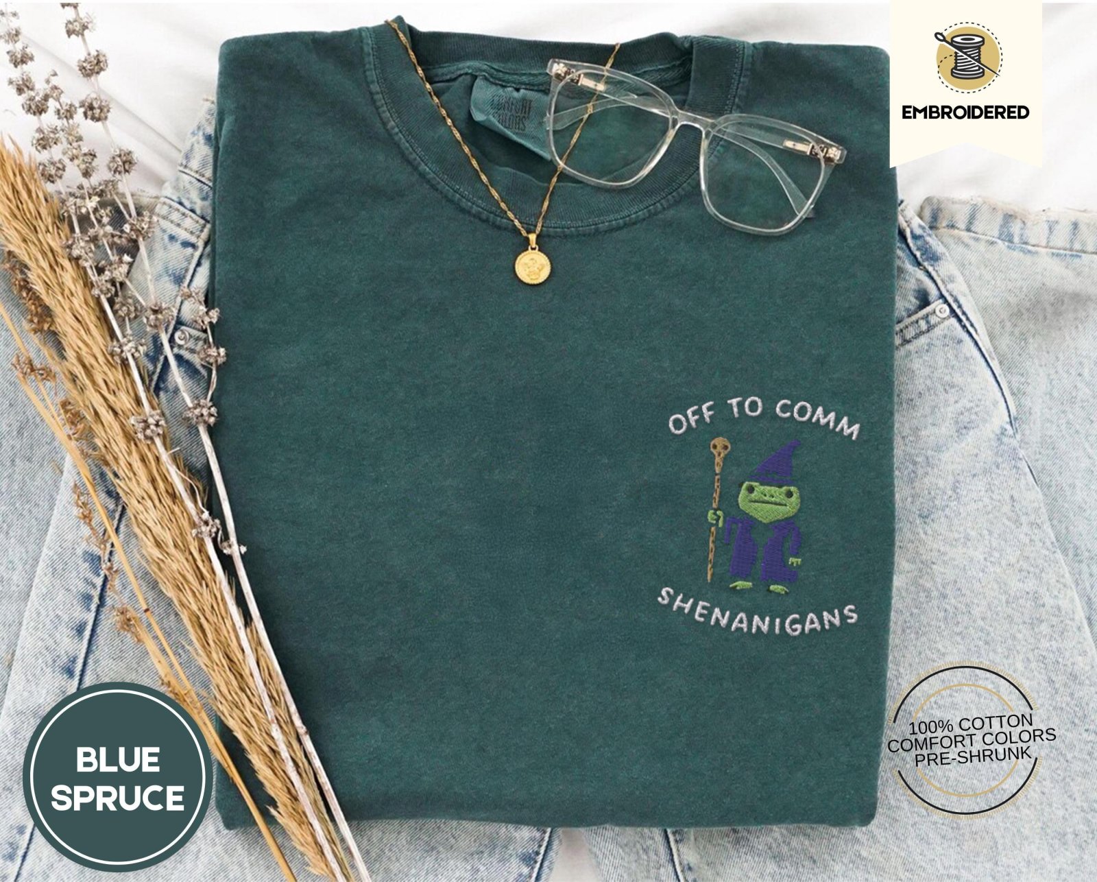 Blue Spruce Frog Wizard Shenanigans Embroidered T-Shirt