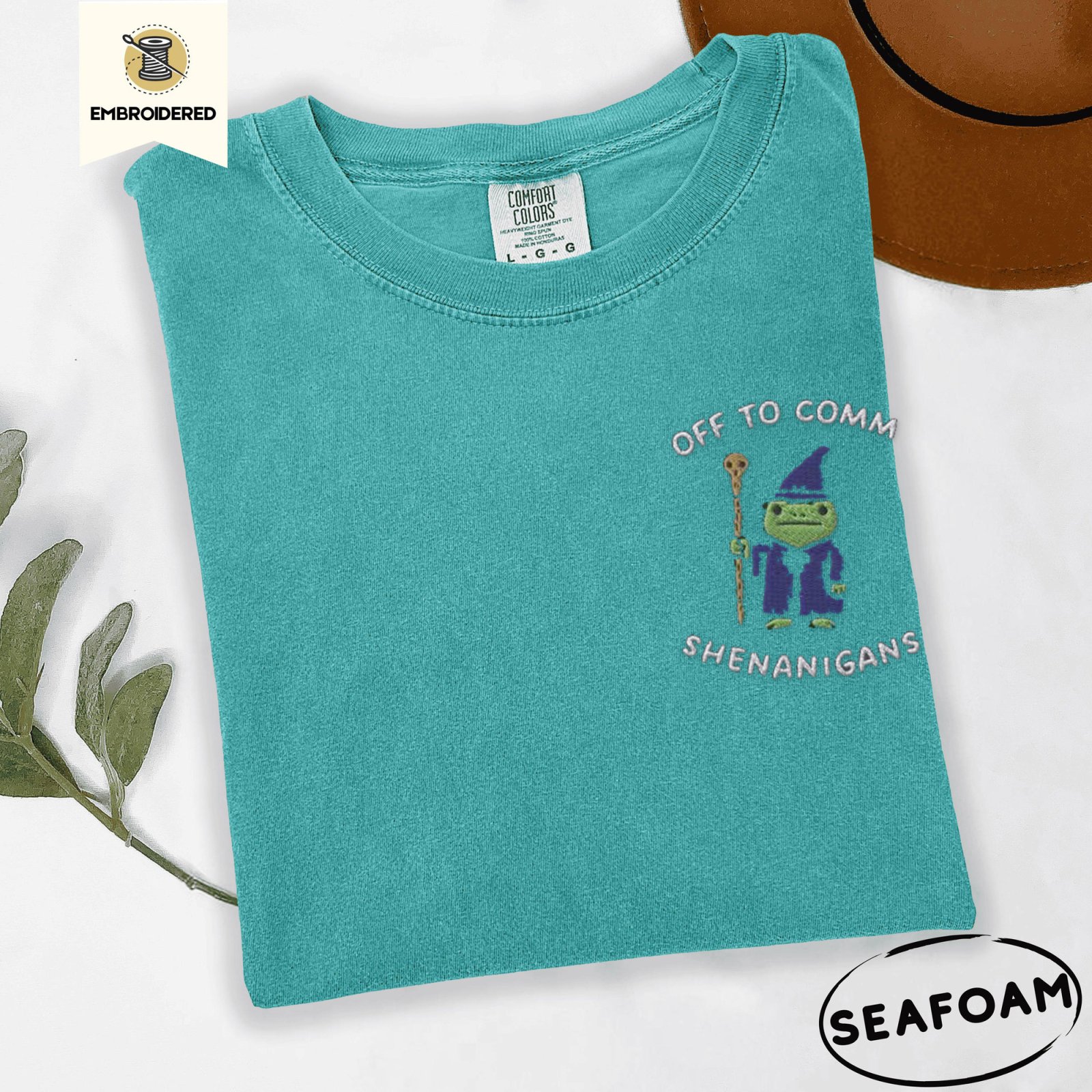 Seafoam Frog Wizard Shenanigans Embroidered T-Shirt