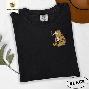 Black Funny Smoking Bear Embroidered T-Shirt