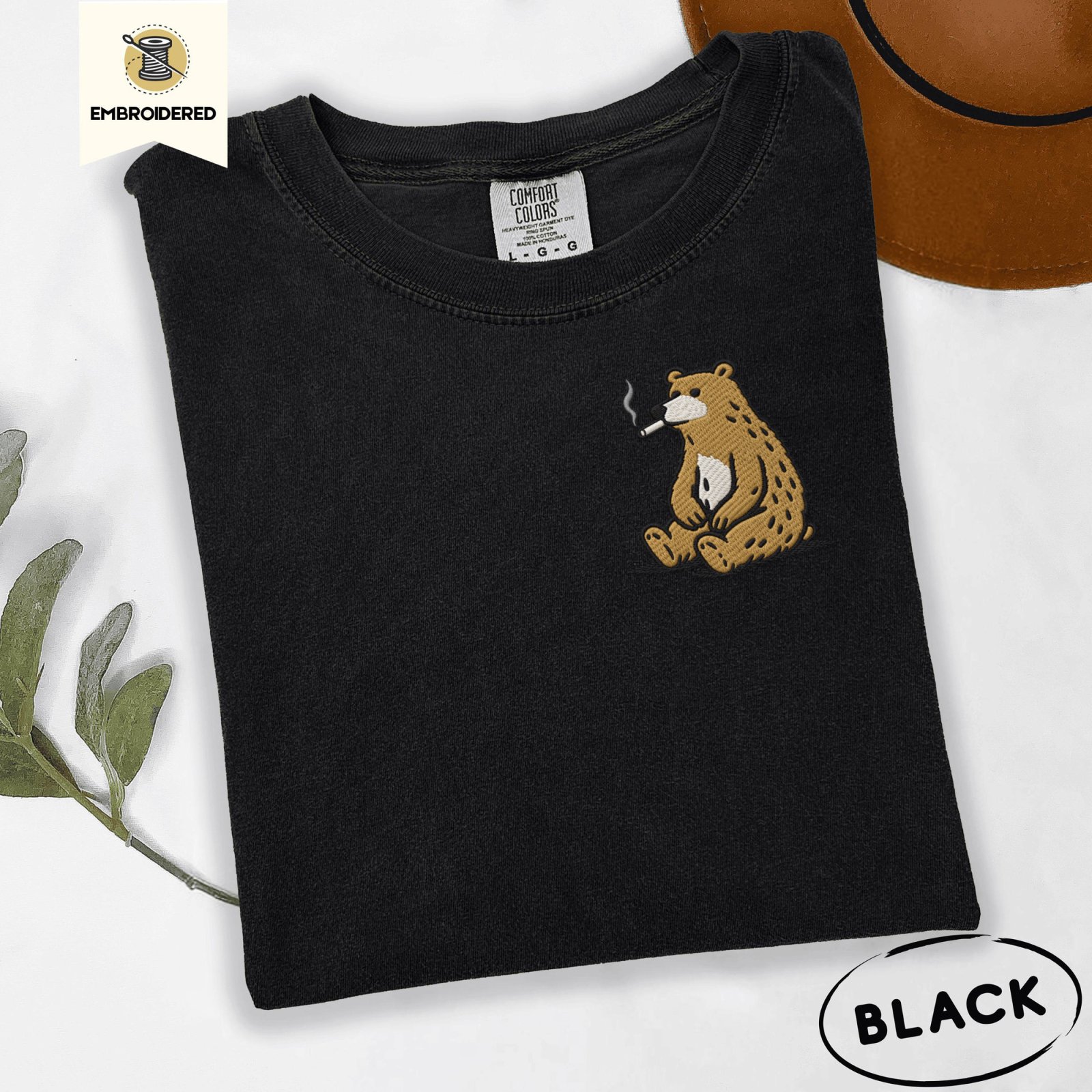Black Funny Smoking Bear Embroidered T-Shirt