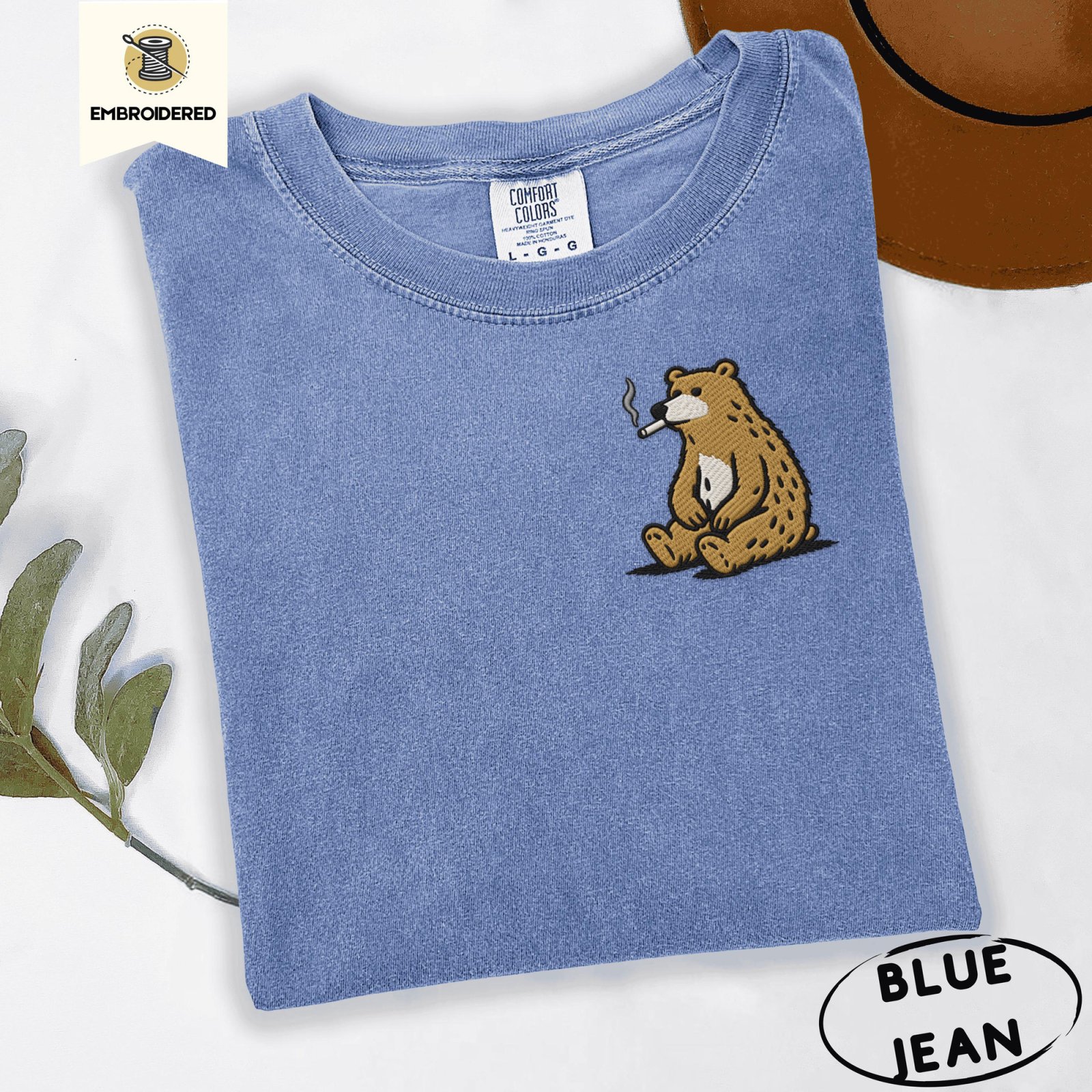 Blue Jean Funny Smoking Bear Embroidered T-Shirt