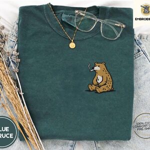 Blue Spruce Funny Smoking Bear Embroidered T-Shirt